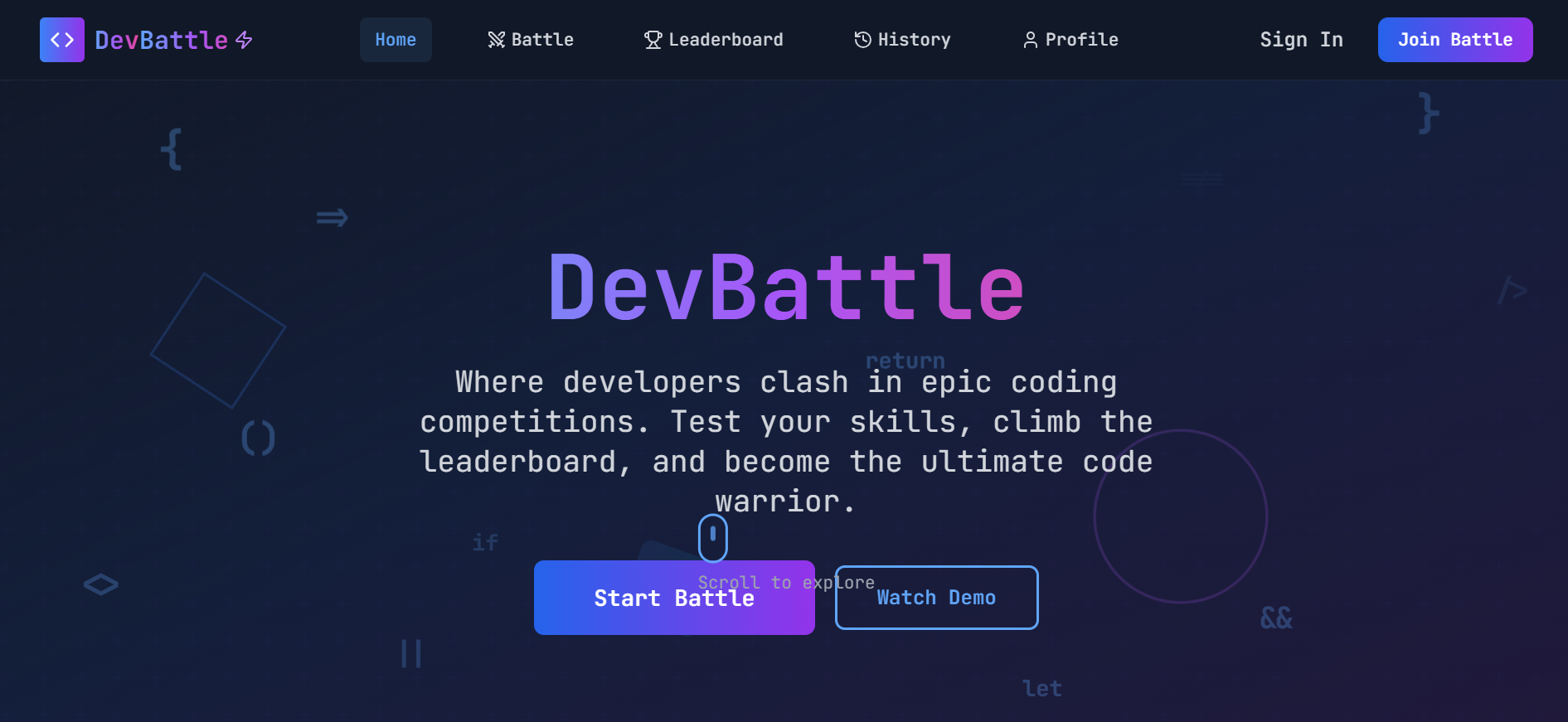 Screenshot of DevBattle coding challenge platform